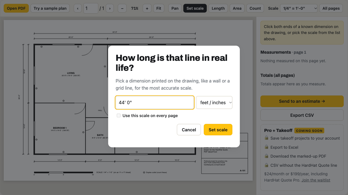 The set-scale prompt asking how long the selected line is in real life, with 44 feet typed in