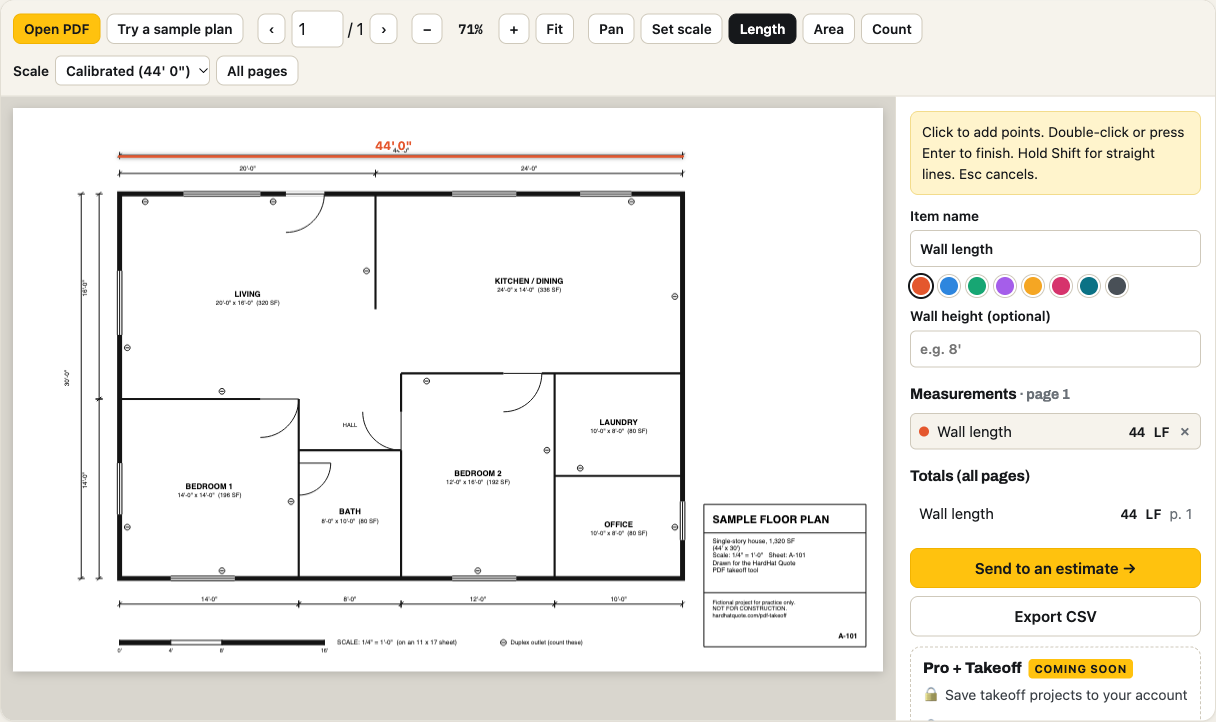 A length measurement drawn across the top of the sample floor plan, labeled 44 feet