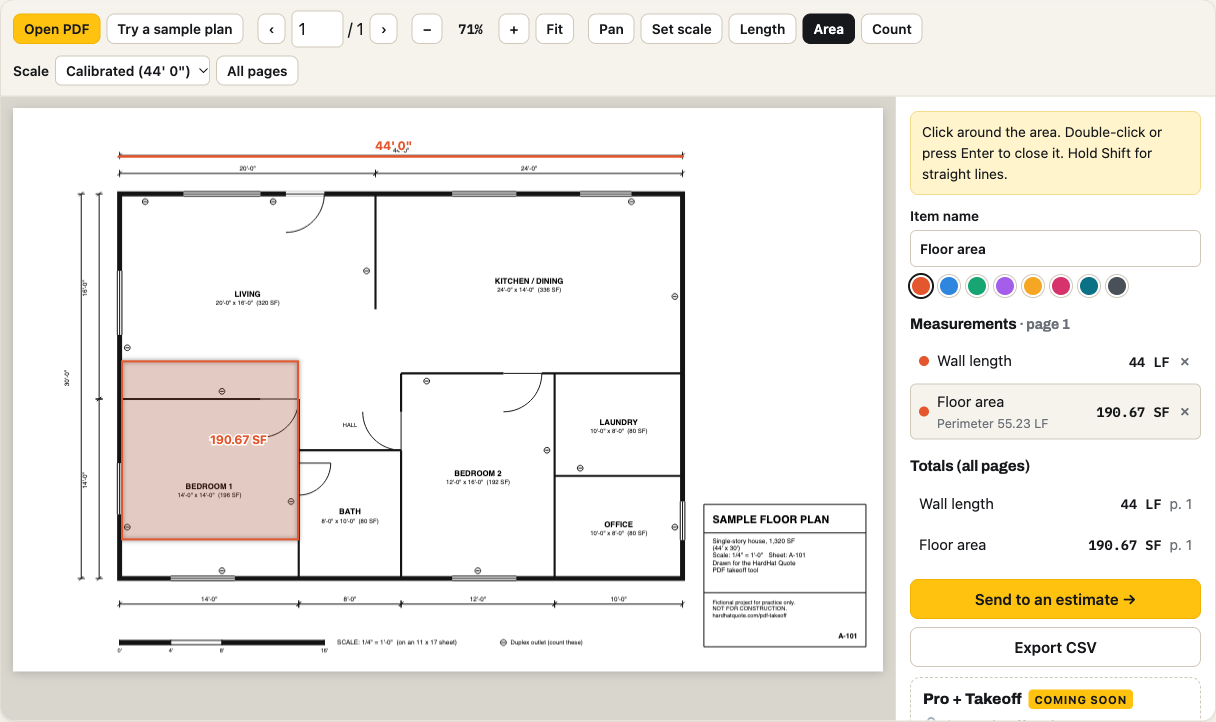 A bedroom outlined with the area tool on the sample floor plan, labeled 190.67 SF