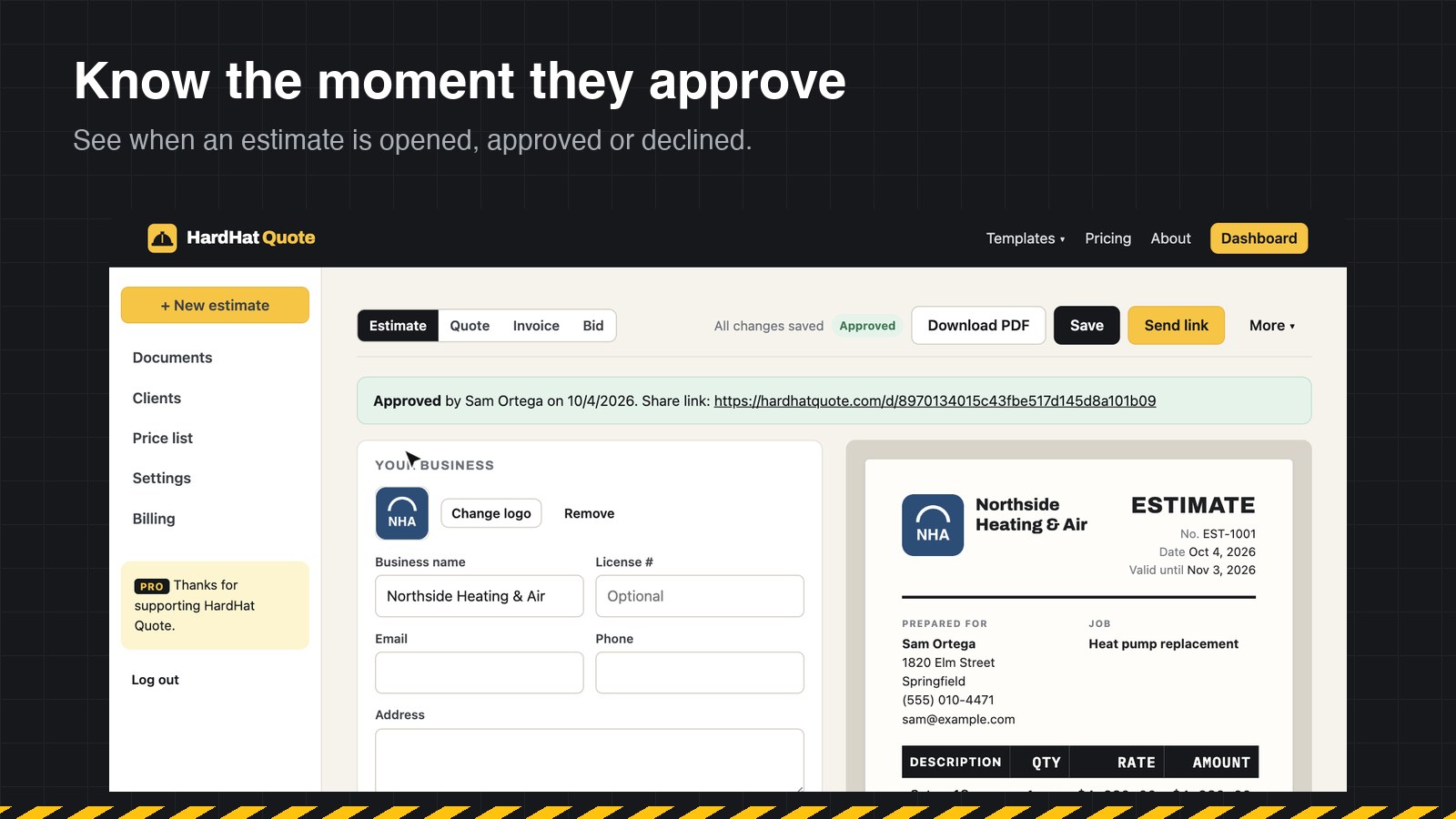 Invoice and estimate statuses in the dashboard