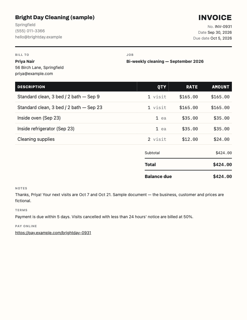 Cleaning Invoice Example preview