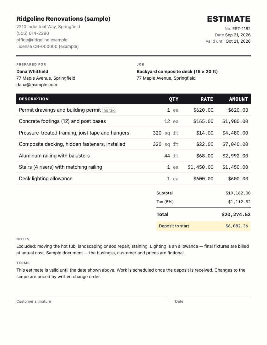 Contractor Estimate Example: a completed sample with line items, totals and terms