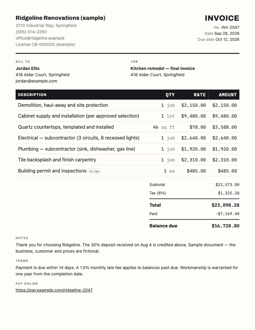 Contractor Invoice Example: a completed sample with line items, totals and terms