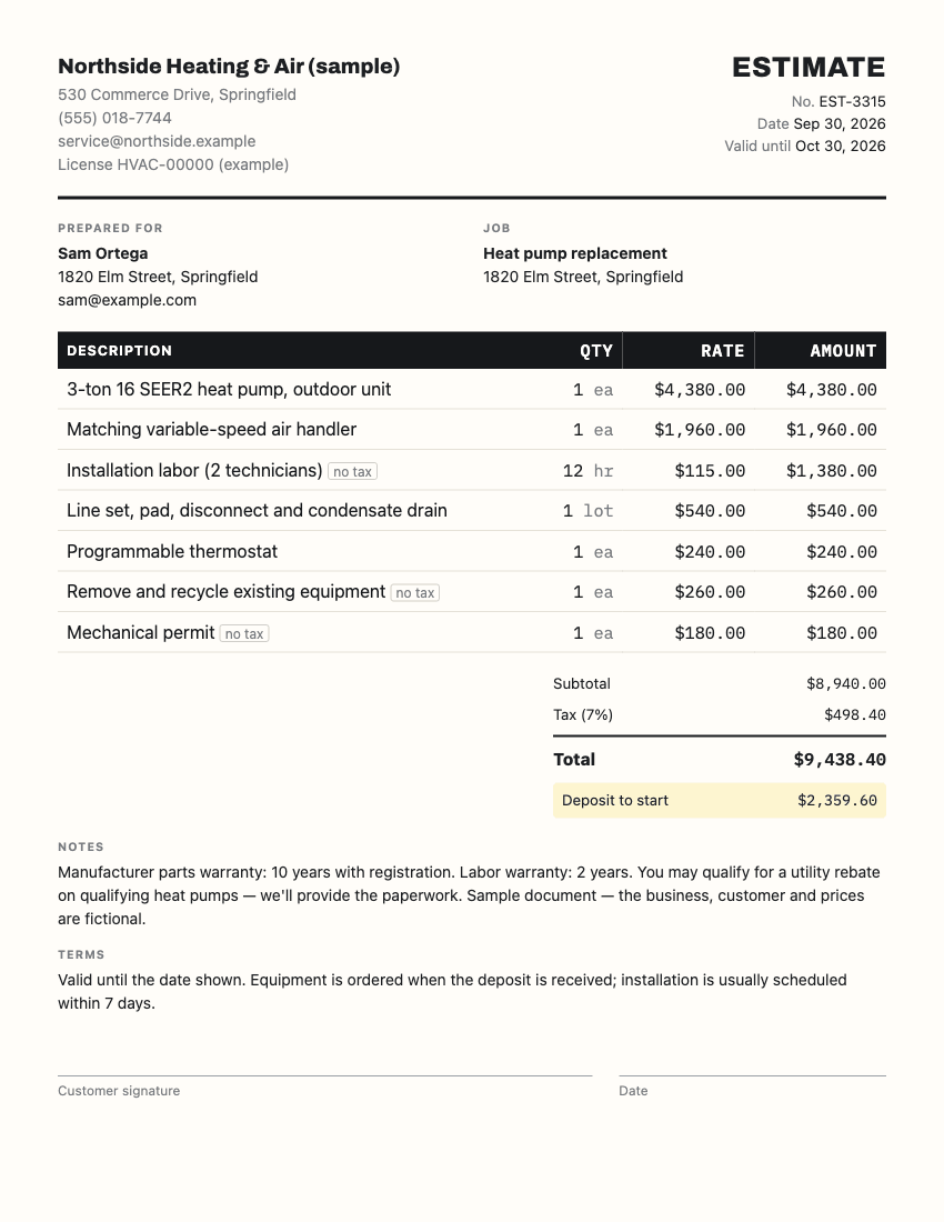 HVAC Estimate Example preview